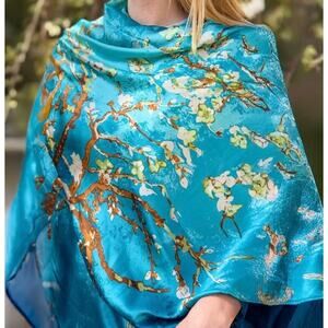 Large Oblong Silk Blend Scarf Wrap Vincent Van Gogh Almond Blossoms Teal Floral